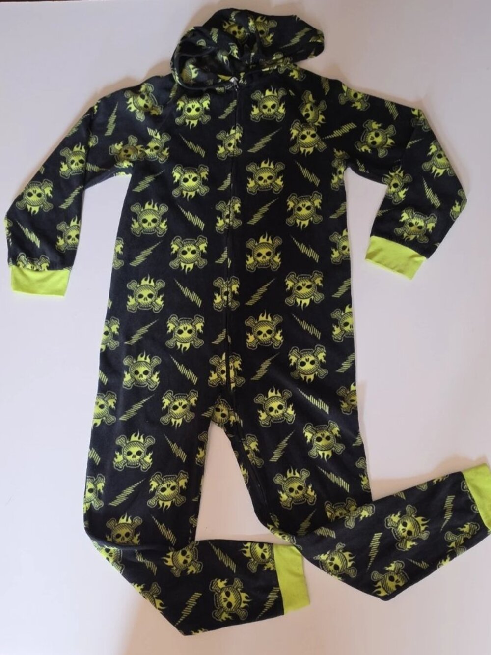 Joe Boxer Black Footie Hoodie with Neon Yellow Skull Print